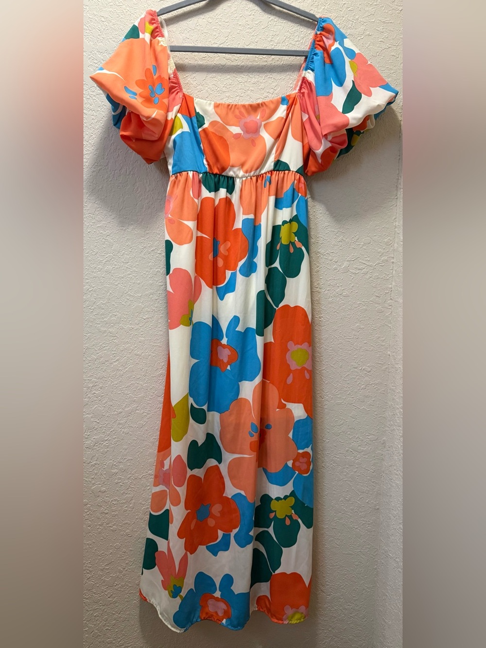 Floral Puff-Sleeve Maxi Dress — Orange & Blue Floral